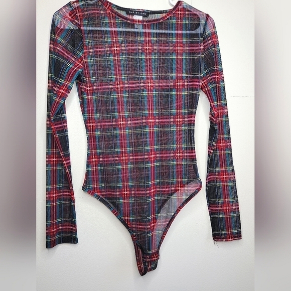One By One Plaid Sheer Long Sleeve Bodysuit, size Medium M. - Picture 1 of 3